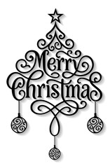 Stylish Merry Christmas calligraphy forming a decorative tree with ornaments and star, elegant festive vector art, Christmas, typography, calligraphy, tree, ornament, holiday, festive, greeting