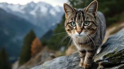 Tabby cat with alert green eyes exploring rocky mountain terrain against backdrop of snow-capped peaks in wilderness setting.