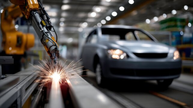 Robotic welding process in automotive manufacturing factory floor industrial scene high-tech environment close-up view innovation
