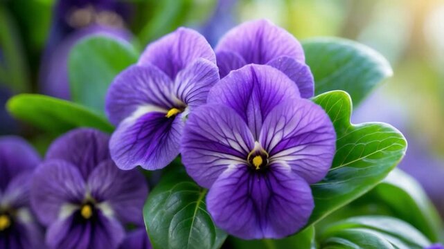 Close-up of vibrant purple pansy flowers blooming among lush green leaves showcasing intricate textures and vibrant colors in soft natural light creating an enticing floral composition