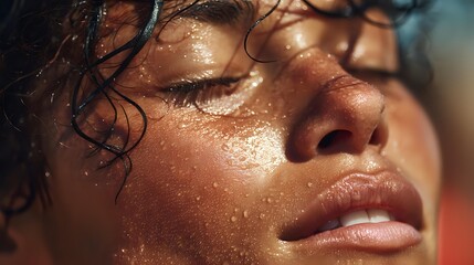 Close-up portrait of young woman with wet skin and water droplets on face, showing natural beauty with eyes closed in sunlight.