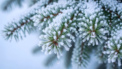 Serene evergreen spruce branch delicately cloaked in intricate crystalline hoarfrost, evoking a tranquil and crisp natural winter landscape