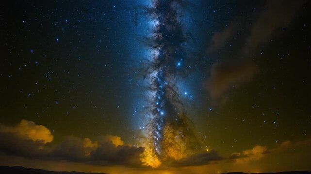 Stunning view of the Milky Way galaxy illuminating the night sky with vibrant blues and soft clouds transitioning from dusk to darkness showcasing starry celestial patterns and distant cosmic lights