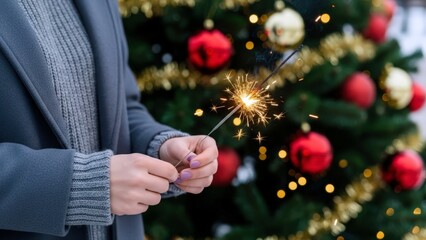 Warm winter scene shows hands holding a bright, sparkling festive firework near a beautifully decorated Christmas tree, creating a joyful holiday glow