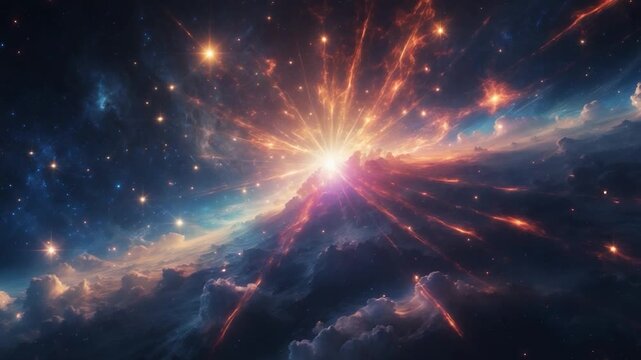 Vibrant cosmic explosion featuring radiating light beams swirling colorful gas clouds and starry background depicting a dynamic celestial event in deep space with rich hues of blue orange and purple.