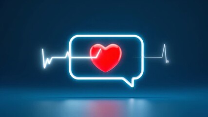 Neon heart icon within speech bubble with heartbeat line glowing against a dark blue background showcasing a seamless transformation from love to pulse rhythm