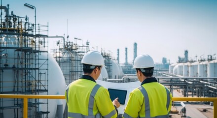 Engineers in safety vests collaboratively review blueprints and digital plans overlooking a vast modern petrochemical plant under a clear blue sky