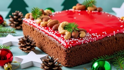Delightful Christmas dessert cake, generously covered in shiny red glaze, embellished with mixed nuts and evergreen foliage, evoking holiday warmth