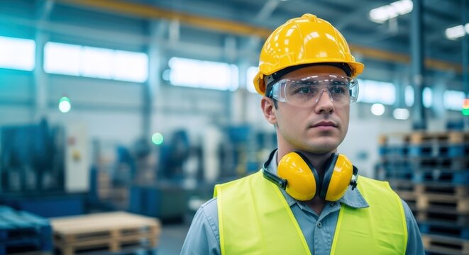 Focused industrial professional, dressed in bright yellow safety gear and protective eyewear, vigilantly observes operations within a modern manufacturing plant