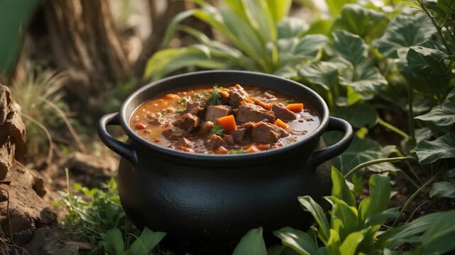 Close-up of a simmering pot of rich beef stew filled with tender chunks of meat carrots and vegetables set in a lush green outdoor environment illuminated by soft natural light