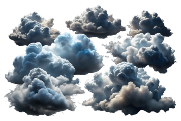 Collection of dramatic storm clouds isolated on transparent background for compositing and digital design projects (144 characters)