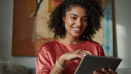 Smiling young woman with curly hair using digital tablet at home
