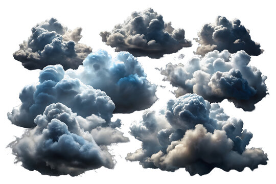 Collection of dramatic storm clouds isolated on transparent background for compositing and digital design projects (144 characters)