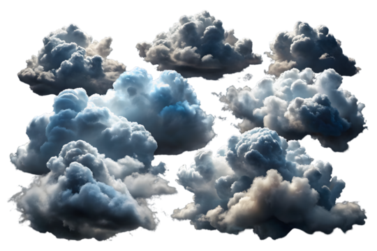 Collection of dramatic storm clouds isolated on transparent background for compositing and digital design projects (144 characters)
