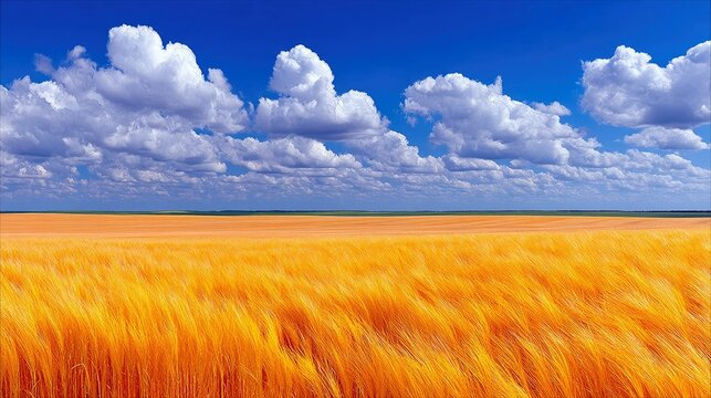 A vibrant landscape featuring a field of golden wheat swaying in the wind under a bright blue sky dotted with fluffy white clouds.