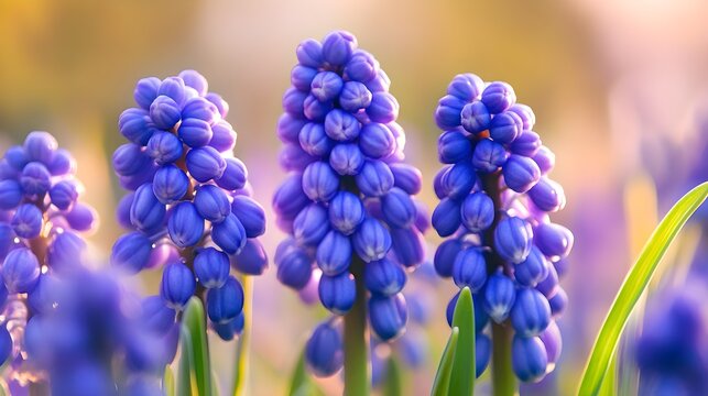 Close up of purple muscari flowers in soft light grape