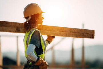 Female construction worker wearing safety vest and helmet carries wooden beam on shoulder at building site during sunset, showing determination and strength in outdoor environment