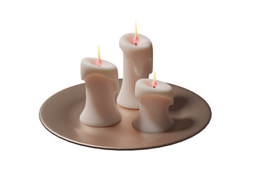 3d render Soft glowing melted candles arranged on a golden round tray, creating a warm and cozy ambient atmosphere