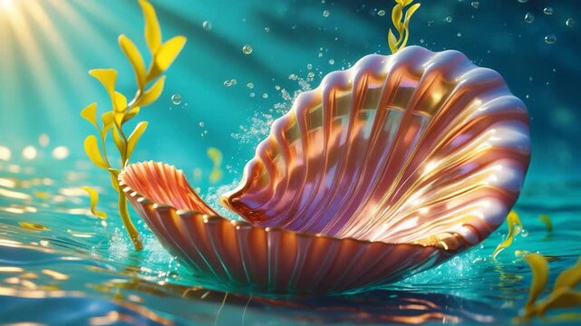 Close-up of a vibrant iridescent seashell opening slowly in glimmering ocean water surrounded by soft green seaweed and floating bubbles illuminated by warm sunlight showcasing colorful textures and