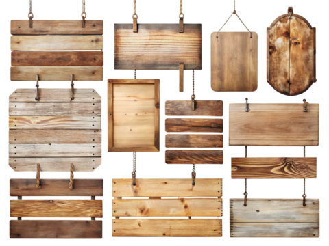 Collection of hanging vintage wooden signboards isolated: rustic wood planks with ropes for decoration or directional signage. (144)