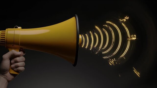 A yellow megaphone projects sound waves, rendered in light against a dark backdrop