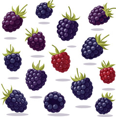 Create a kinds of deferent Blackberries floating vector art with white background..