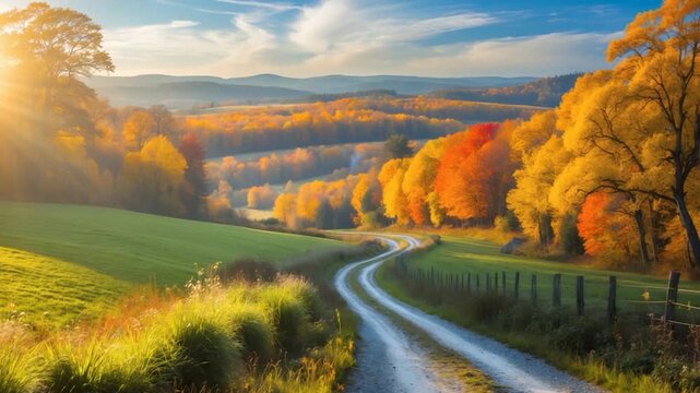 Scenic winding dirt road through vibrant autumn forest landscape with colorful trees in warm natural light showcasing the changing seasons during daytime