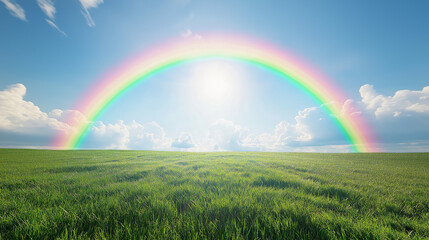 Naklejka premium 青く澄んだ空にかかる大きな虹が印象的な癒し系昼間の風景イラスト。自然、虹、空、雲、明るい、やさしい、背景素材としてもおすすめ。