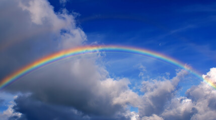 青く澄んだ空にかかる大きな虹が印象的な癒し系昼間の風景イラスト。自然、虹、空、雲、明るい、やさしい、背景素材としてもおすすめ。