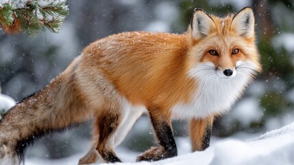 Obraz premium Majestic Red Fox Strolling Gracefully Through Fresh Snowfall in a Serene Winter Wonderland Scene