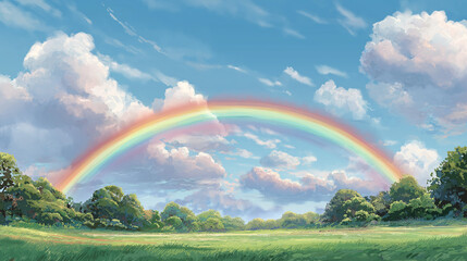 Obraz premium 七色の虹が空いっぱいに広がり、白い雲が調和する開放感ある昼の風景イラスト素材。自然、虹、空、草原、明るい、癒し、ナチュラルな印象の画像に最適。