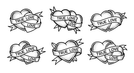 Set of six heart tattoos with banners saying true love and love.