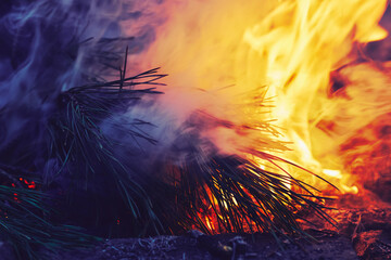 Burning pine branches.Terrible forest fire