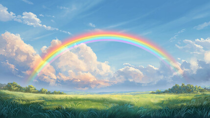 Obraz premium 澄んだ青空に現れた七色の虹と、爽やかな風が吹く昼の風景素材。自然、空、虹、明るい、癒し、季節感のあるビジュアルにぴったり。