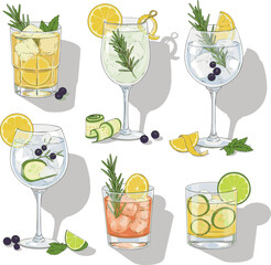 Create a kinds of deferent Gin and tonic with lemon and rosemary garnish vector art with white background..
