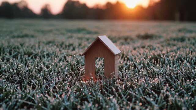 Small wooden house model standing in dewy grass at sunrise with soft golden light and blurred forest in the background. Concept of real estate and new beginnings