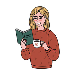 Illusrtation of woman reading book with coffee