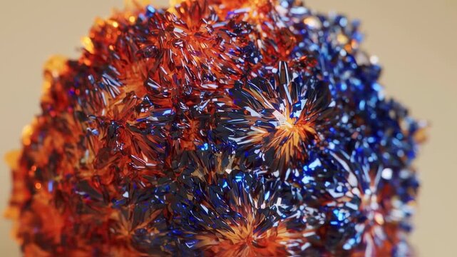 A close-up of a vibrant, crystalline structure with orange, blue, and black hues, soft background