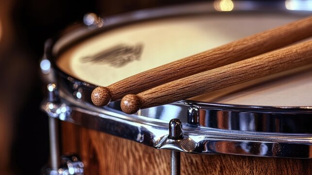 Close-Up of Snare Drum with Wooden Drumsticks Resting on the Surface, Capturing the Essence of Musical Instruments and Rhythm in Action