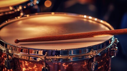 Obraz premium Close-Up of Wooden Drumstick Resting on Smooth Drumhead in a Dimly Lit Music Venue Setting with Bokeh Background