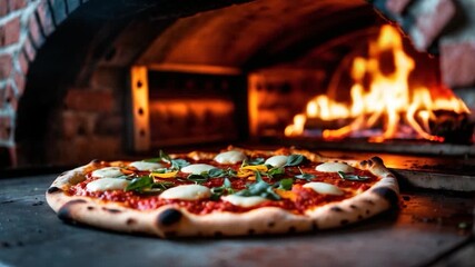 Close-up of freshly baked pizza emerging from a traditional stone oven with vibrant toppings including tomato sauce mozzarella cheese and fresh basil captured in warm lighting and rich textures - Powered by Adobe