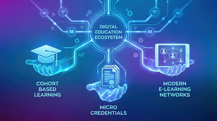 Cohort Based Learning and Digital Education Ecosystem. Holding icons of graduation, documents and connected users, symbolizing cohort based learning, micro credentials