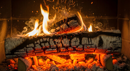 A warm and inviting scene of logs burning brightly in a fireplace, creating a cozy and relaxing ambiance