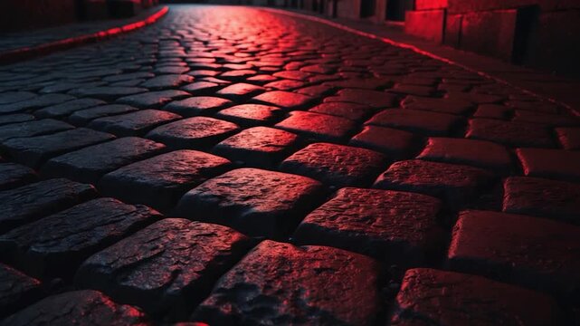 Close-up view of cobblestone street at night illuminated by warm red light showcasing textured stones and rhythmic patterns emphasizing urban environment and atmospheric composition