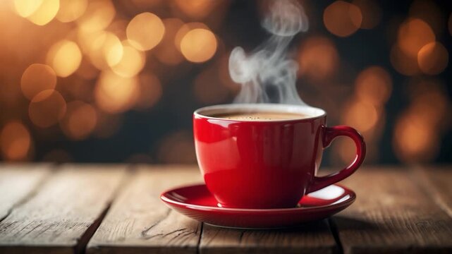 Close-up of a steaming red coffee cup placed on a textured wooden table with warm bokeh background lighting showcasing cozy vibes and inviting warmth throughout the video sequence