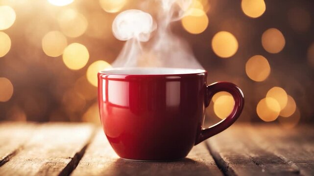 Close-up of a steaming red coffee mug on a rustic wooden table surrounded by warm bokeh lights in a cozy indoor setting displaying gradual steam movement throughout the sequence