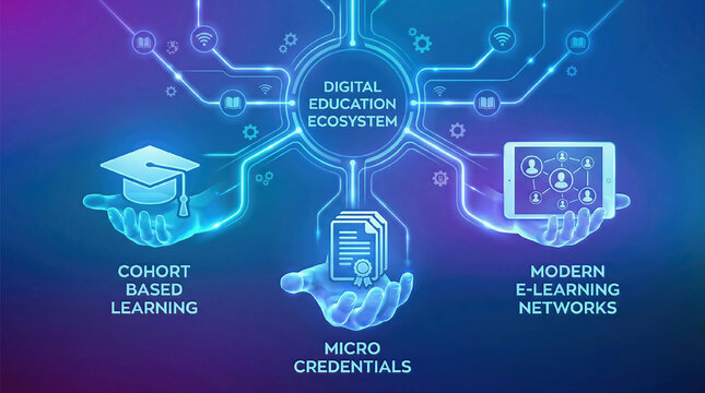 Cohort Based Learning and Digital Education Ecosystem. Holding icons of graduation, documents and connected users, symbolizing cohort based learning, micro credentials