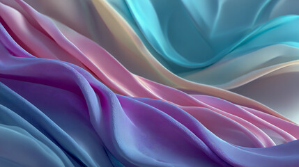 Abstract background with pastel colors and wavy shapes, elegant design, soft curves, fluid lines, digital art style, close-up shot, three-dimensional effect, flowing fabric-like textures