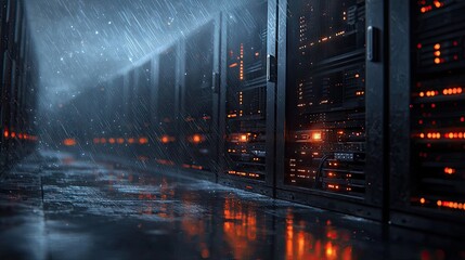 Digital Data Center Rows with Blinking Orange Lights and Reflections on Wet Floor in Dim Lighting