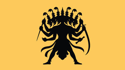 Epic silhouette of Ravana, king of Lanka, a powerful symbol of Indian mythology, perfect for cultural designs and dramatic visuals on yellow backdrop